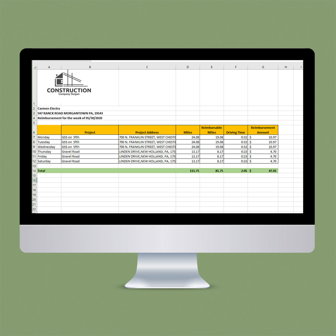 Construction Crew Mileage Reimbursement Excel Calculator