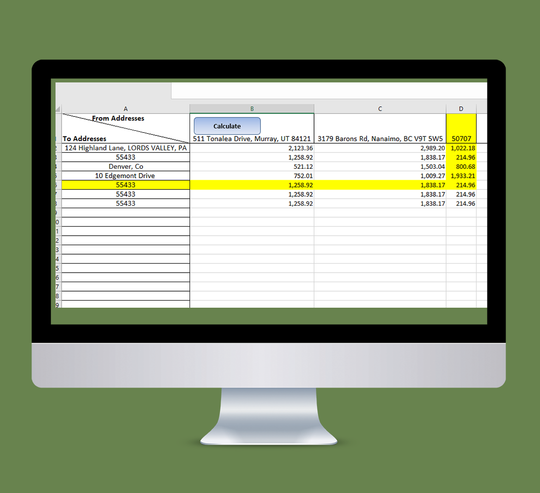 Matrix Excel Distance Calculator 2.0 - Calculate Distances in intersections between Addresses or Zip Codes in Excel (Matrix Format)